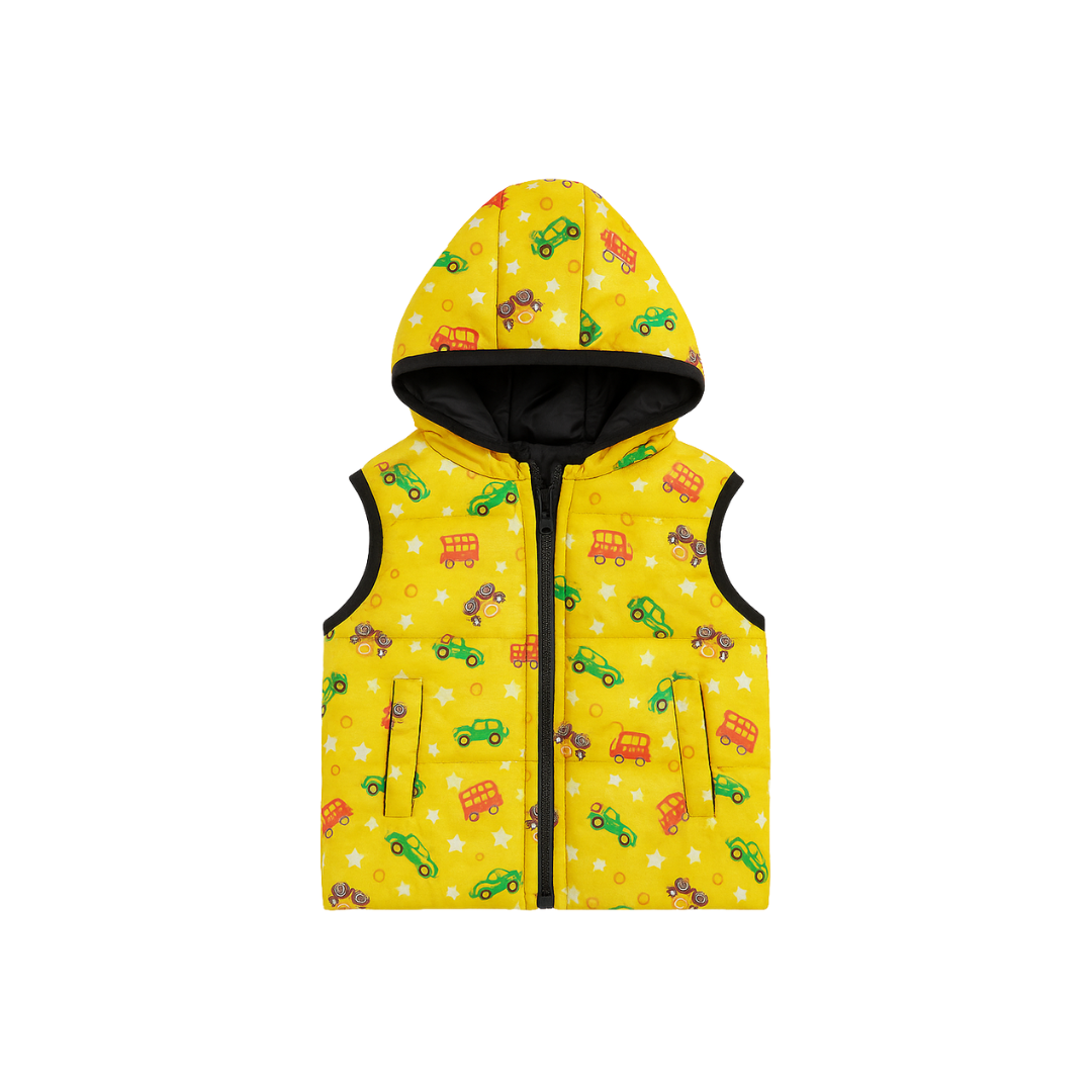 yellow sleeveless puffer jacket