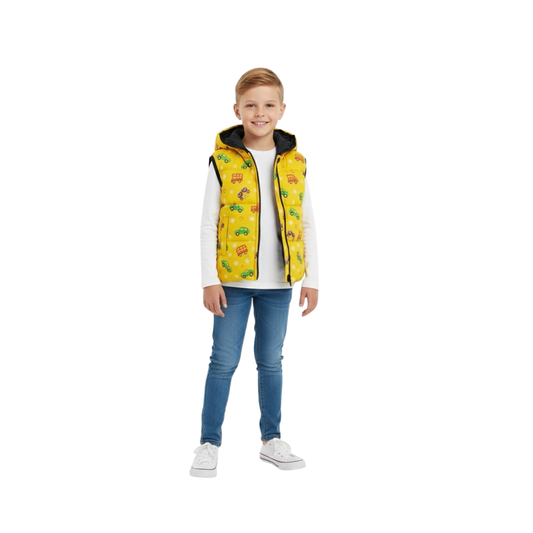 yellow sleeveless puffer jacket
