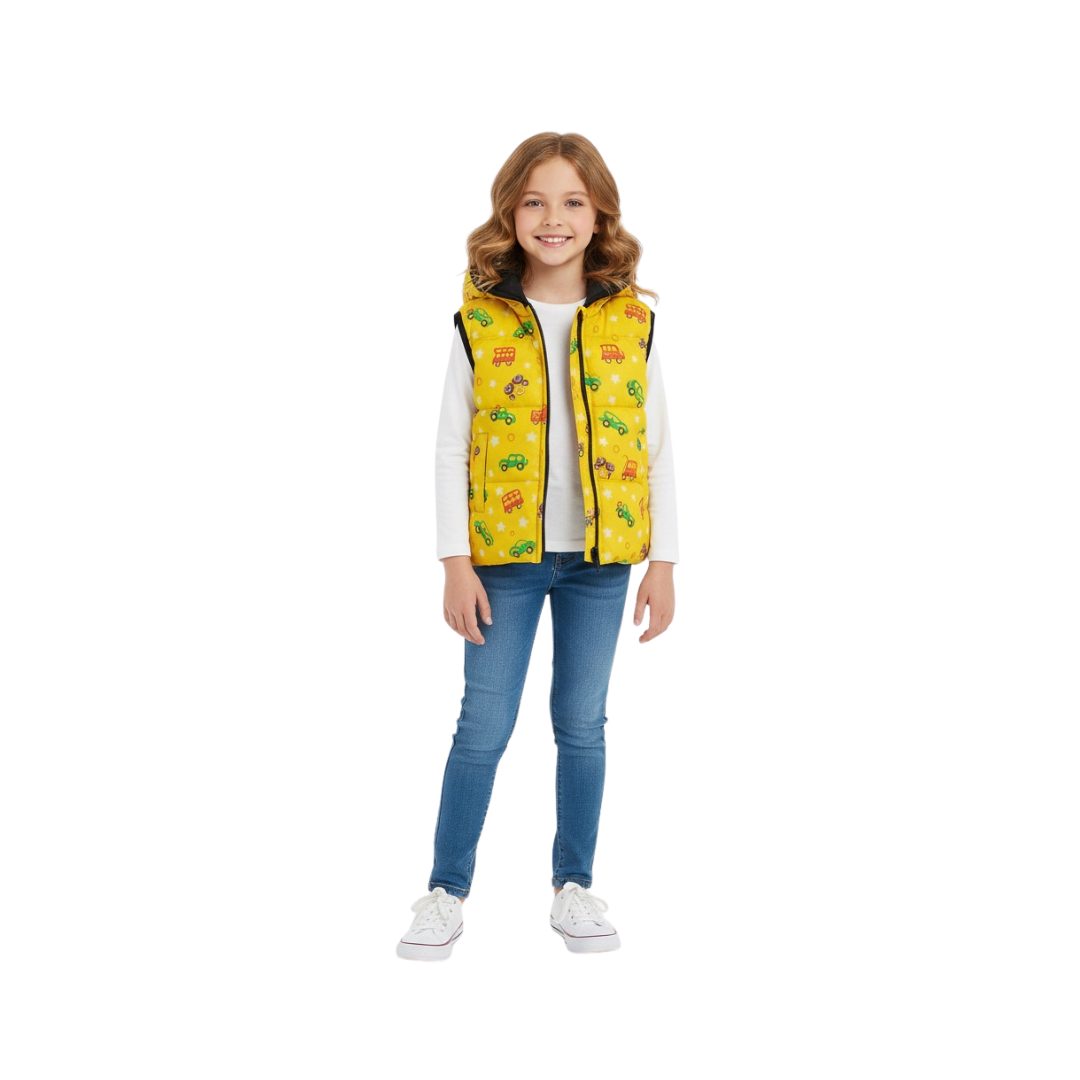 yellow sleeveless puffer jacket